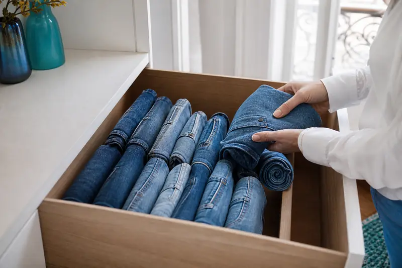 Jeans pliés verticalement et roulés dans un tiroir de rangement bien organisé