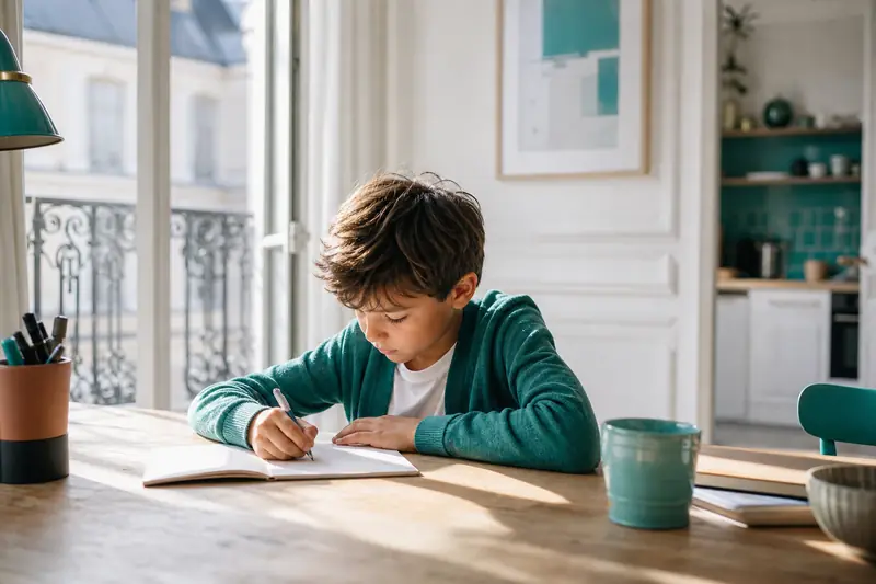 Enfant assis seul dans un salon lumineux, regardant par la fenêtre en attendant ses parents