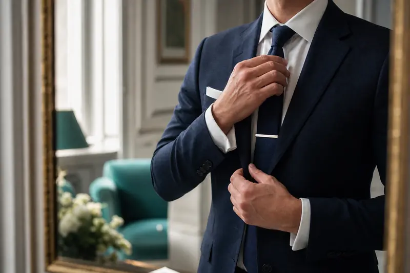 Accessoires avec cravate, pince et pochette sur costume bleu marine