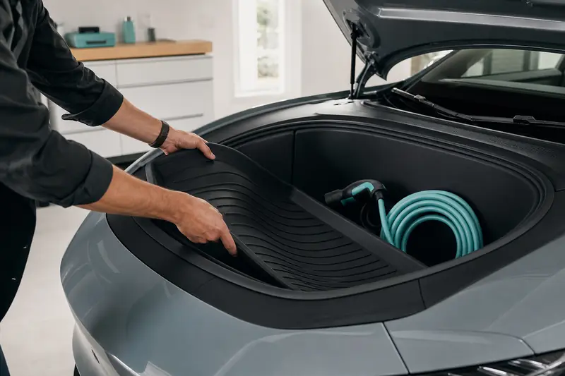 Accessoires Tesla rangés dans le coffre avant d’une voiture électrique