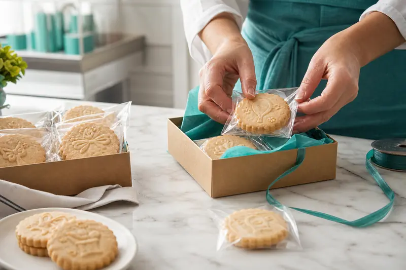 Biscuits personnalisés emballés dans des boîtes cadeaux sur un plan de travail pâtissier