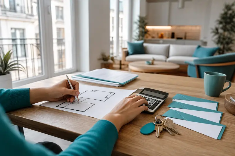 Préparation d’un achat appartement avec plans, calculatrice, clés et épargne sur table.
