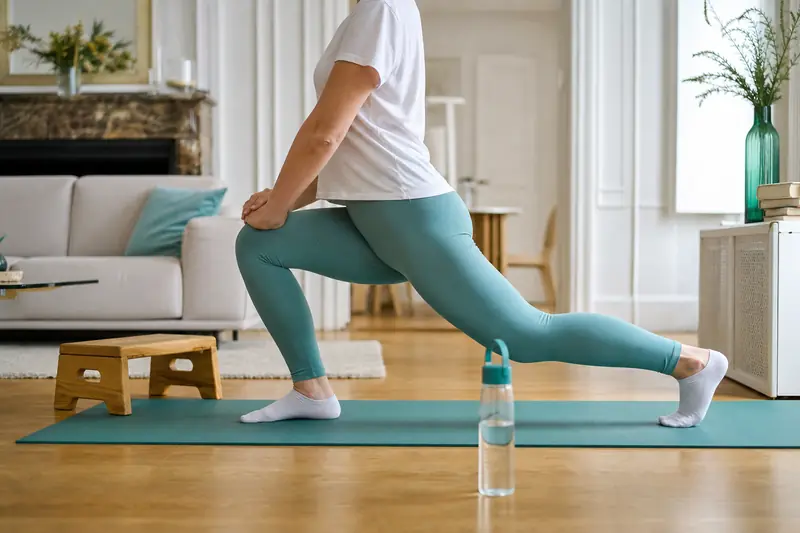 Personne réalisant une fente arrière pour affiner ses cuisses dans un salon lumineux.