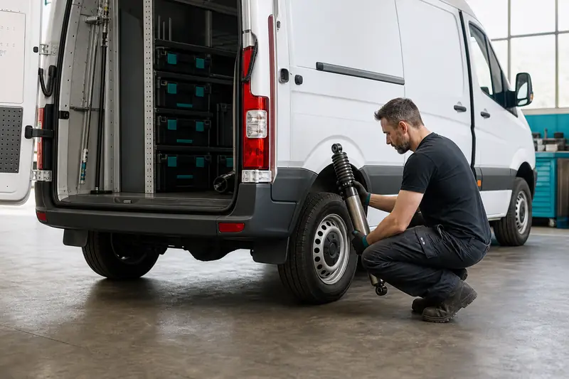 Amortisseurs renforcés contrôlés sur un utilitaire chargé dans un garage.