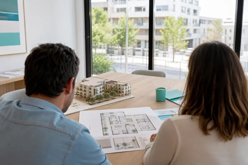 Couple examinant le plan d’un appartement neuf à Montpellier dans un bureau de vente.