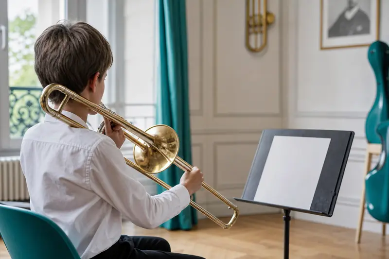 Débutant pratiquant le trombone ténor dans une salle de musique lumineuse