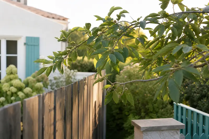 Branches d’arbre débordant au-dessus d’une clôture de jardin entre deux propriétés