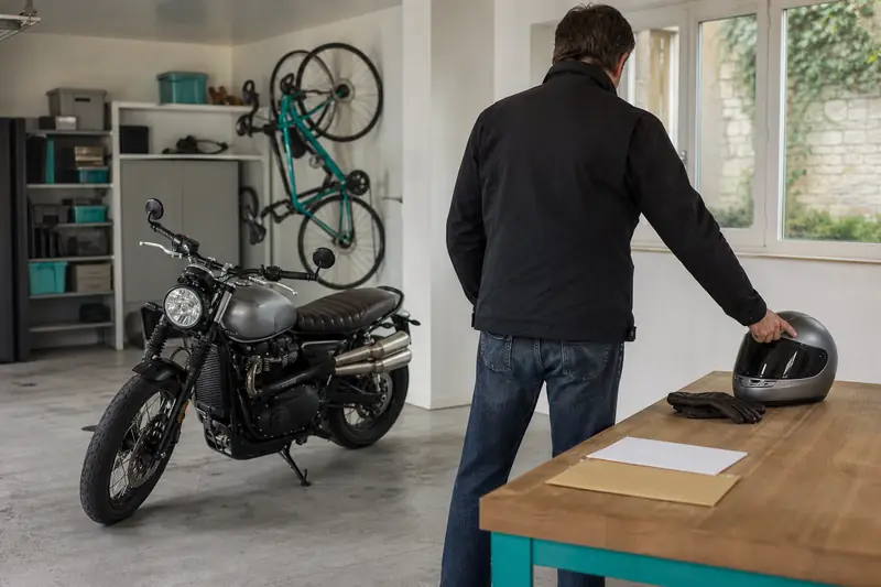 Moto garée dans un garage pendant une résiliation d’assurance moto