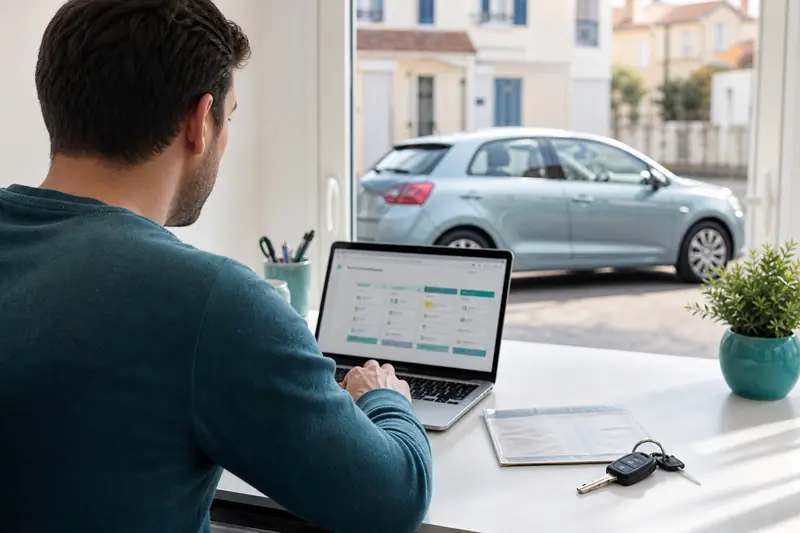 Conductrice comparant une assurance auto temporaire après un accident près de sa voiture