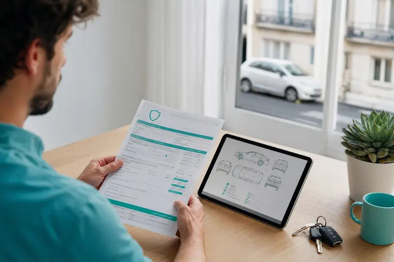 Conductrice comparant une assurance auto temporaire et sa franchise sur tablette