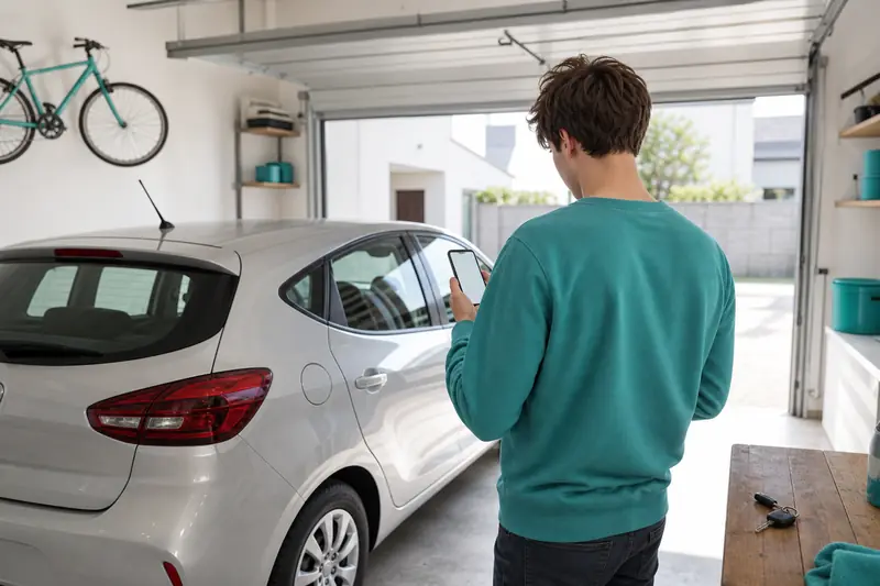 Jeune conducteur comparant son assurance auto près d’une citadine stationnée