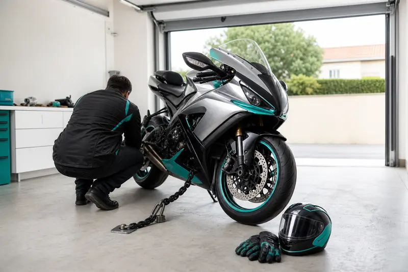 Moto sportive stationnée dans un garage sécurisé pour l'assurance moto sportive.