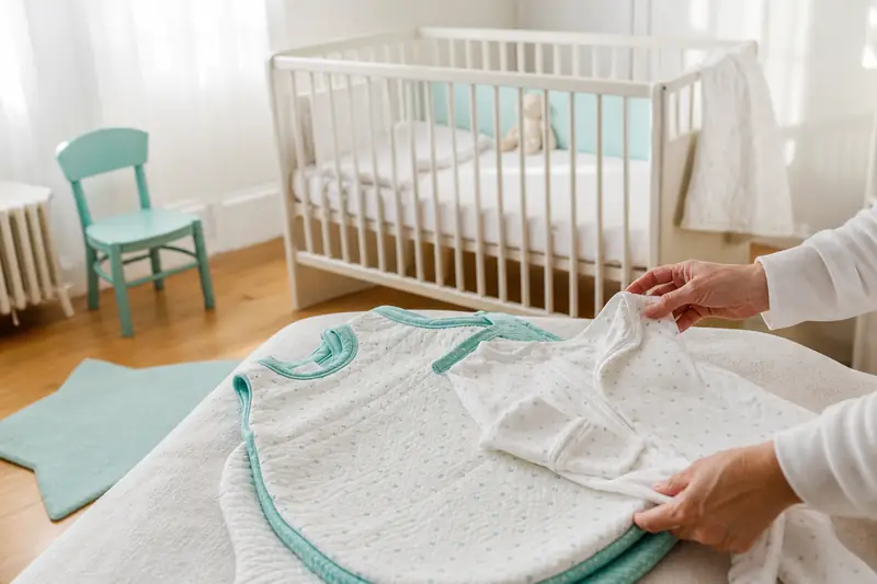Pyjama et gigoteuse pour le sommeil bébé près d’un lit sécurisé