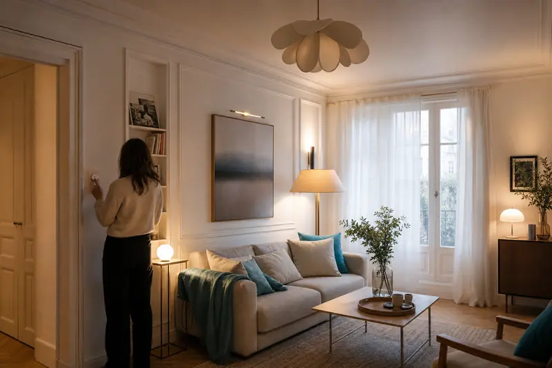 Salon lumineux illustrant un éclairage d’intérieur en plusieurs sources complémentaires.