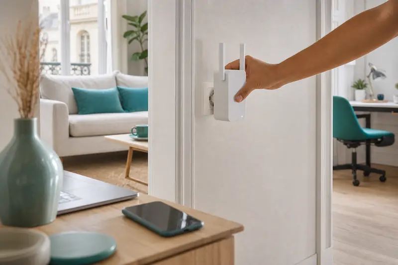 Répéteur Wi-Fi branché dans un couloir d’appartement pour étendre le réseau domestique.