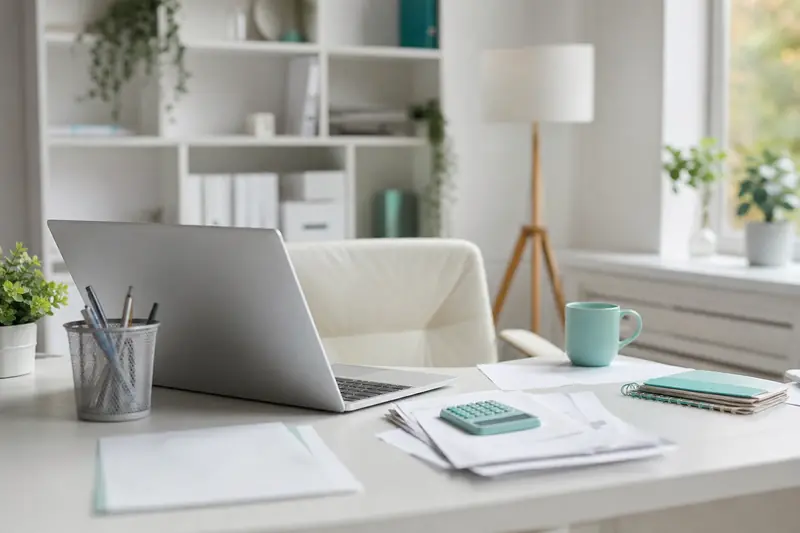 Bureau à domicile avec ordinateur portable et documents comptables d'un indépendant