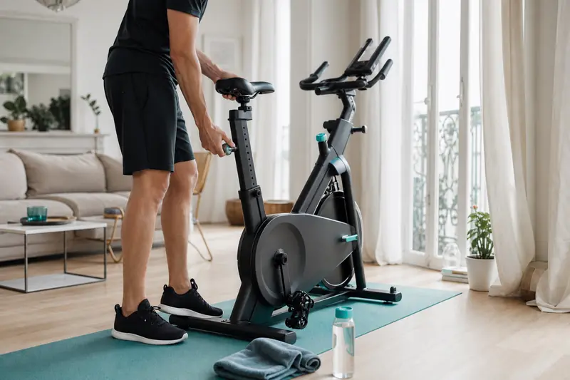Réglage d’un vélo d’appartement dans un salon lumineux avant une séance.