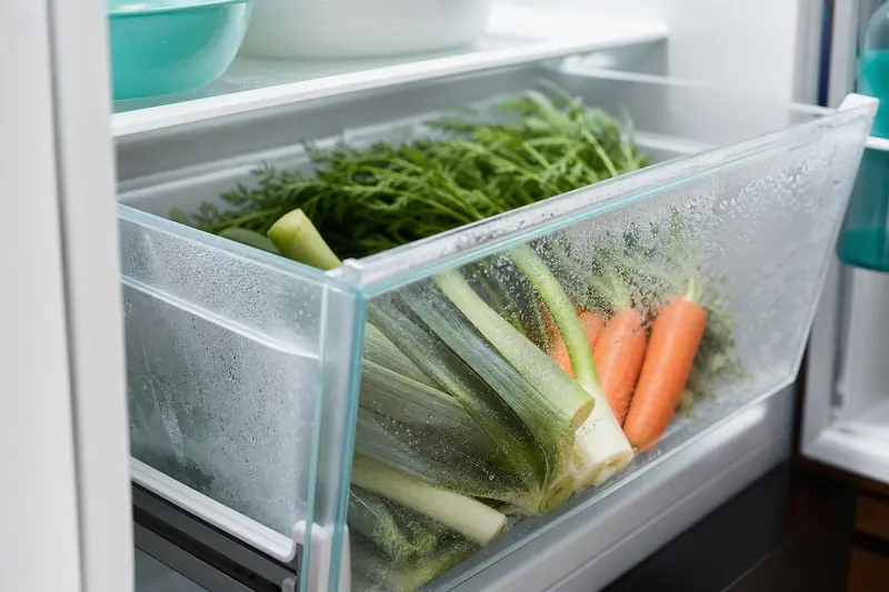 Bac à légumes en verre d'un réfrigérateur ouvert, légumes frais et givre visible sur les parois