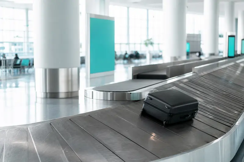 Tapis à bagages vide dans un hall d'arrivée d'aéroport avec une valise isolée