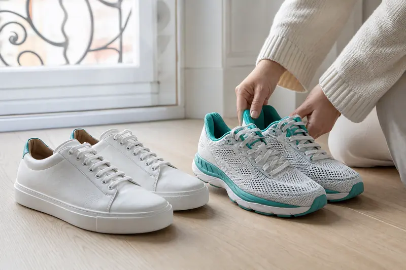 Comparaison de baskets de ville et sneakers techniques sur un sol en bois clair