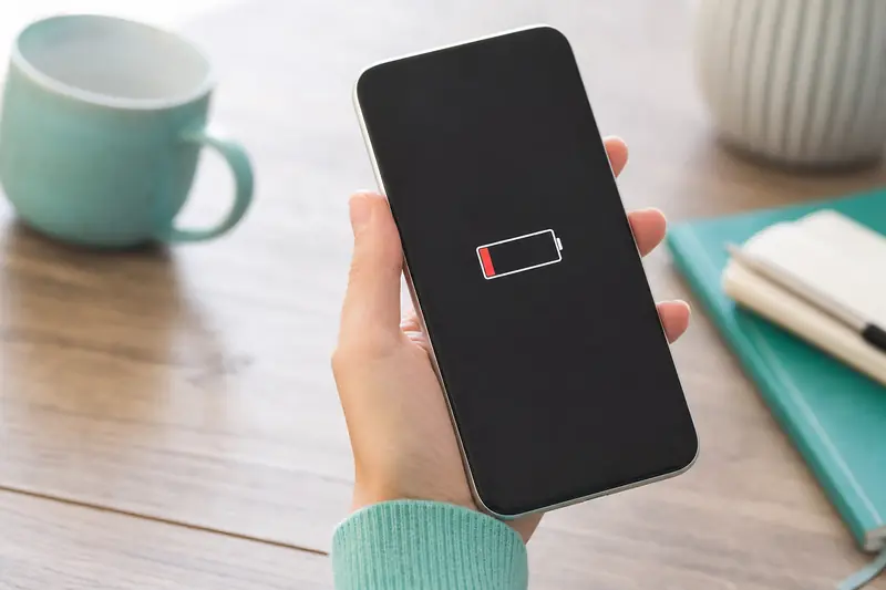 Écran de smartphone affichant un pourcentage de batterie faible sur une table