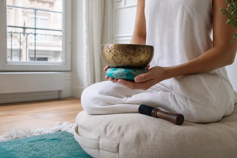 Bol tibétain métallique et mailloche posés sur un coussin de méditation.