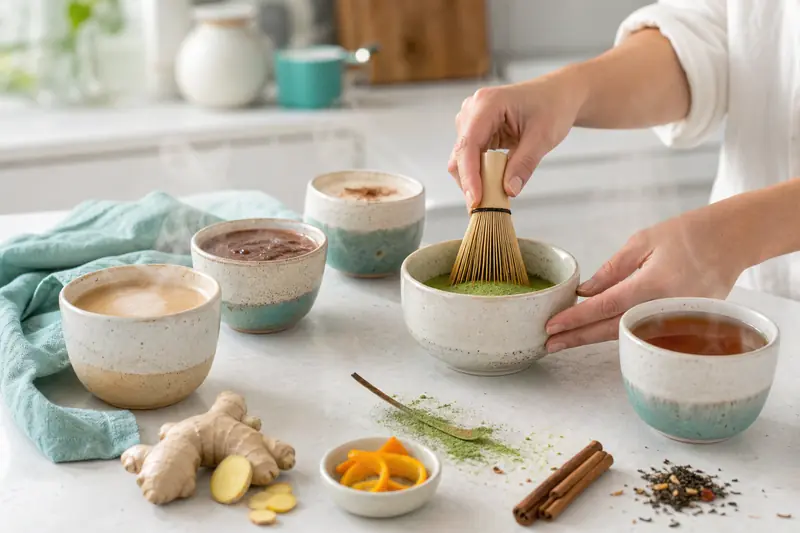 Cinq boissons chaudes revigorantes servies sur un plan de travail lumineux