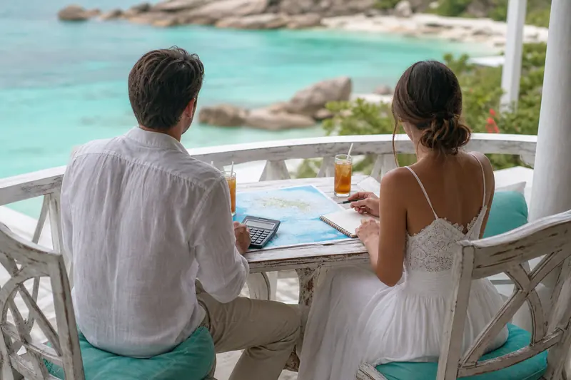 Couple préparant son budget de voyage de noces aux Seychelles face à la mer