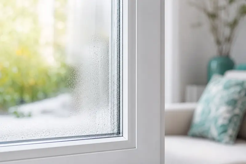 Gros plan sur une fenêtre à double vitrage embuée entre les deux verres, lumière naturelle