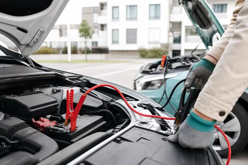 Câbles de démarrage correctement branchés sur la batterie d’une voiture en panne
