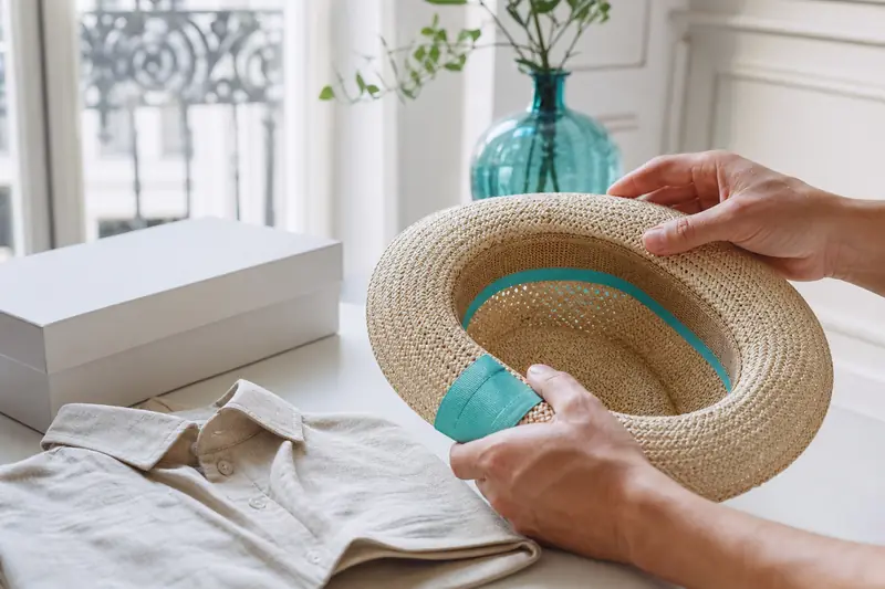 Un chapeau panama homme en fibre naturelle contrôlé avant un achat en ligne.