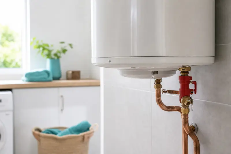 Chauffe-eau électrique blanc fixé au mur d'une buanderie claire avec son groupe de sécurité