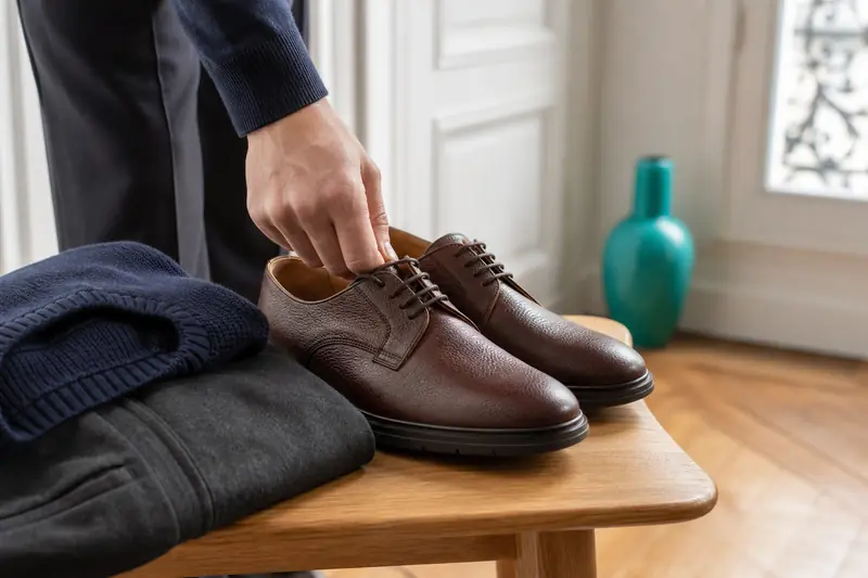 Chaussures à lacets marron pour homme avec pantalon en laine gris