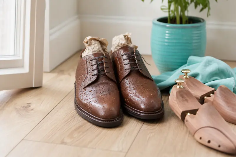 Paire de derbies en cuir marron mouillées en train de sécher avec du papier froissé et des embauchoirs