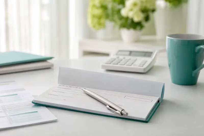 Chéquier et stylo posés sur une table à côté de documents bancaires