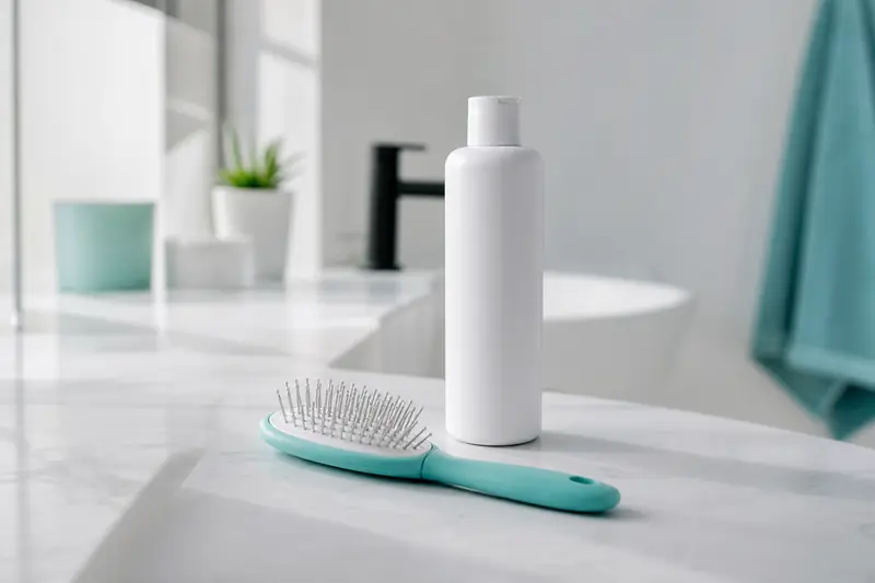 Brosse à cheveux posée sur une coiffeuse dans une salle de bain lumineuse