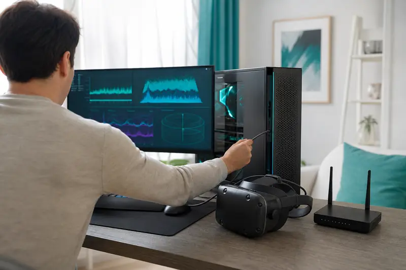 Casque de réalité virtuelle relié à un ordinateur pour diagnostiquer la latence graphique.