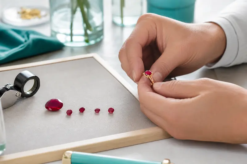 Bague de fiançailles rubis en or observée sur un établi de joaillier