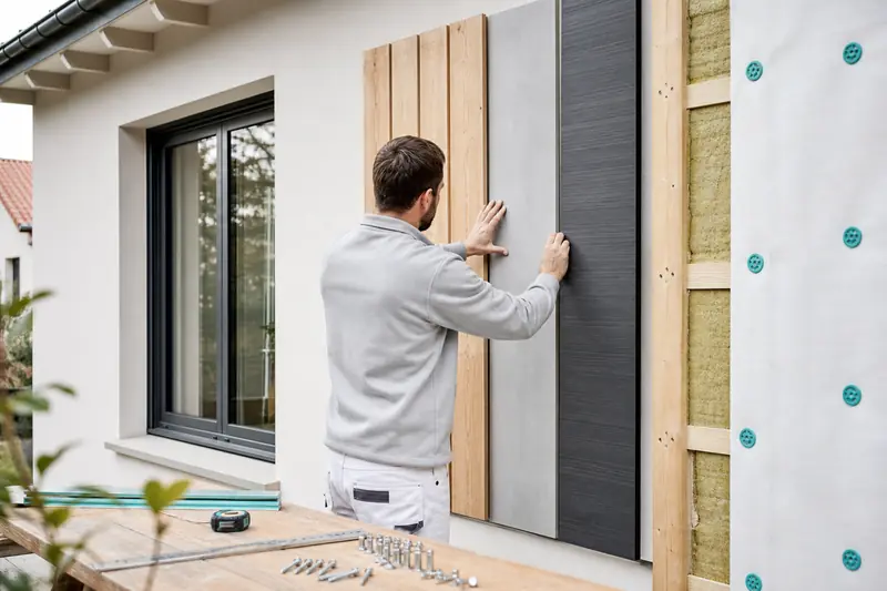 Comparaison de matériaux de bardage sur une façade de maison en rénovation