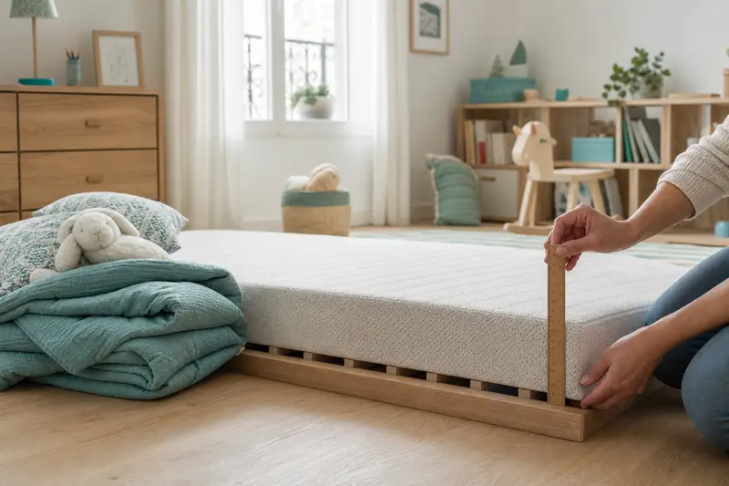 Lit au sol 70×140 ventilé avec matelas enfant dans une chambre lumineuse