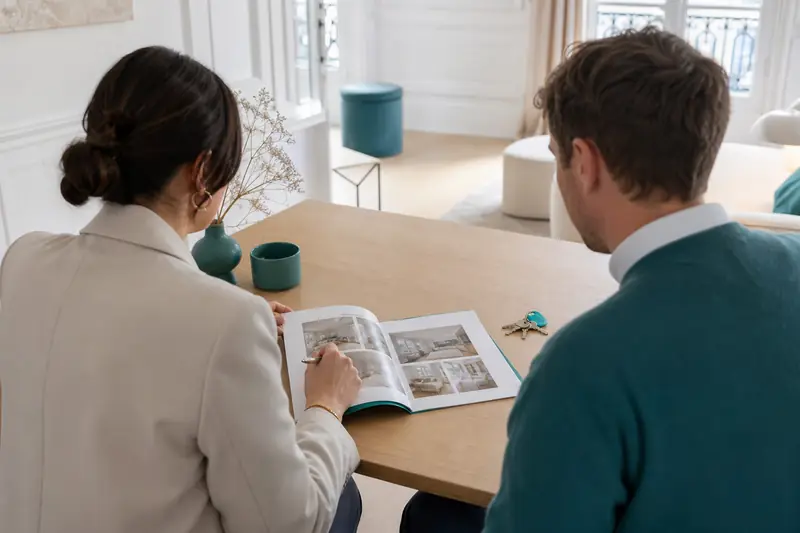Vendeur et agent immobilier comparant un dossier pour vendre un appartement