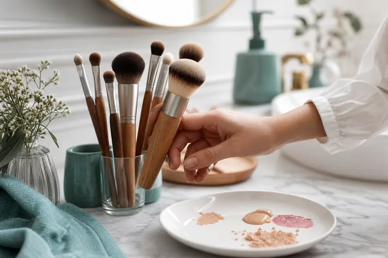 Sélection de pinceaux de maquillage sur une coiffeuse lumineuse avec produits teint.