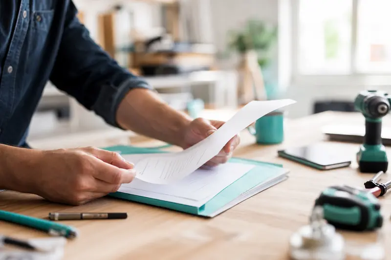 Professionnel signant un document contractuel sur un bureau avec un client