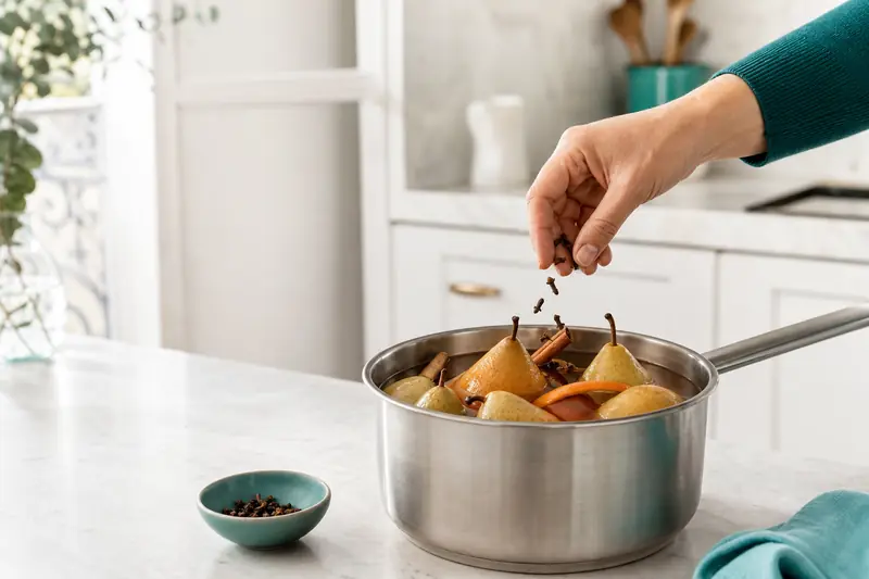 Clous de girofle entiers ajoutés à une casserole de poires pochées