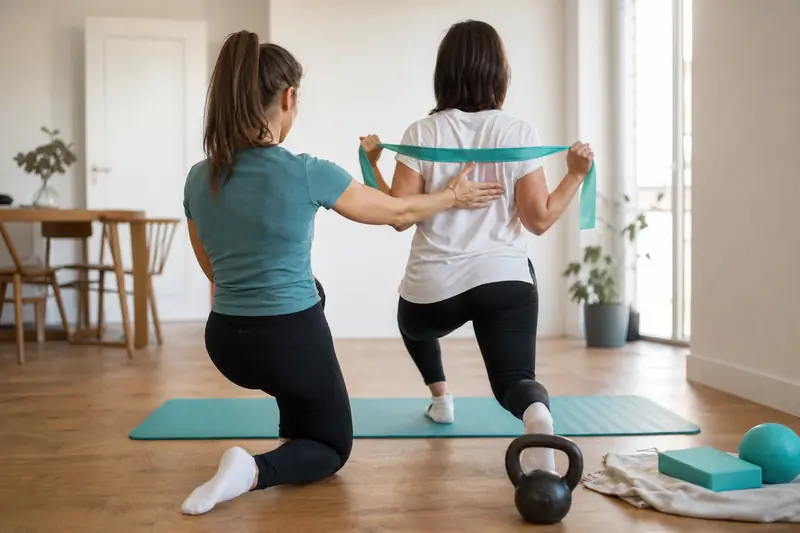 Coach sportif à Rennes guidant un exercice avec élastique à domicile