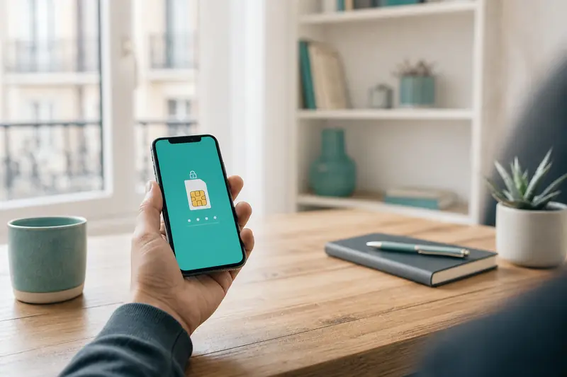 Main tenant un smartphone affichant un écran de déverrouillage de carte SIM, lumière naturelle