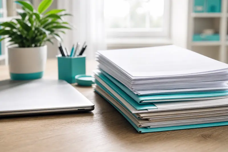 Classeur de documents administratifs et bulletins de paie rangés par année sur un bureau