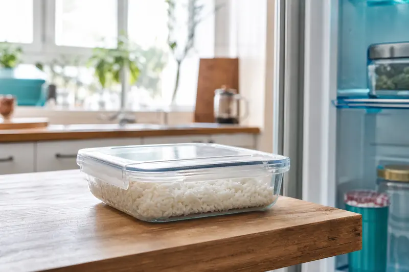 Bol de riz blanc cuit dans une boîte hermétique en verre posée sur une étagère de réfrigérateur