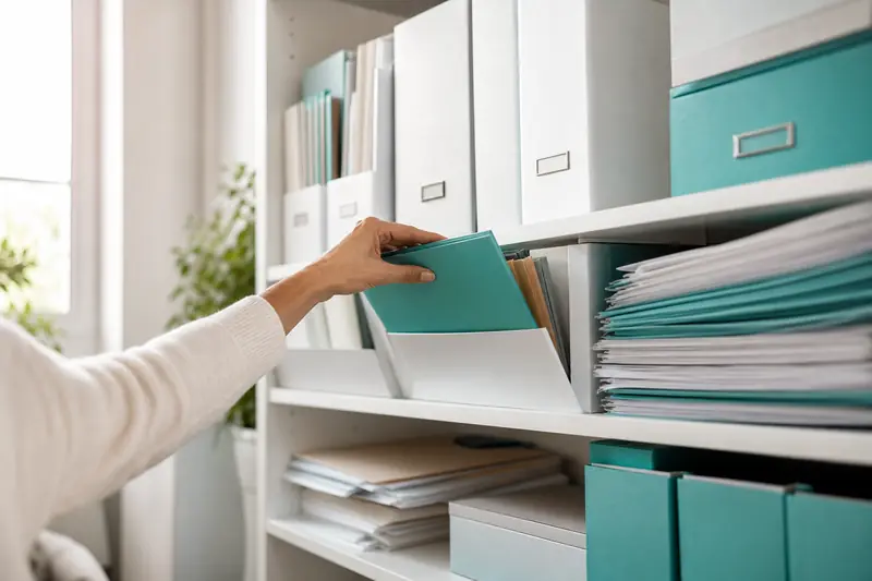Classeur de documents administratifs et relevés bancaires rangés sur une étagère