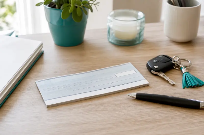 Chèque de banque posé sur une table à côté de clés de voiture